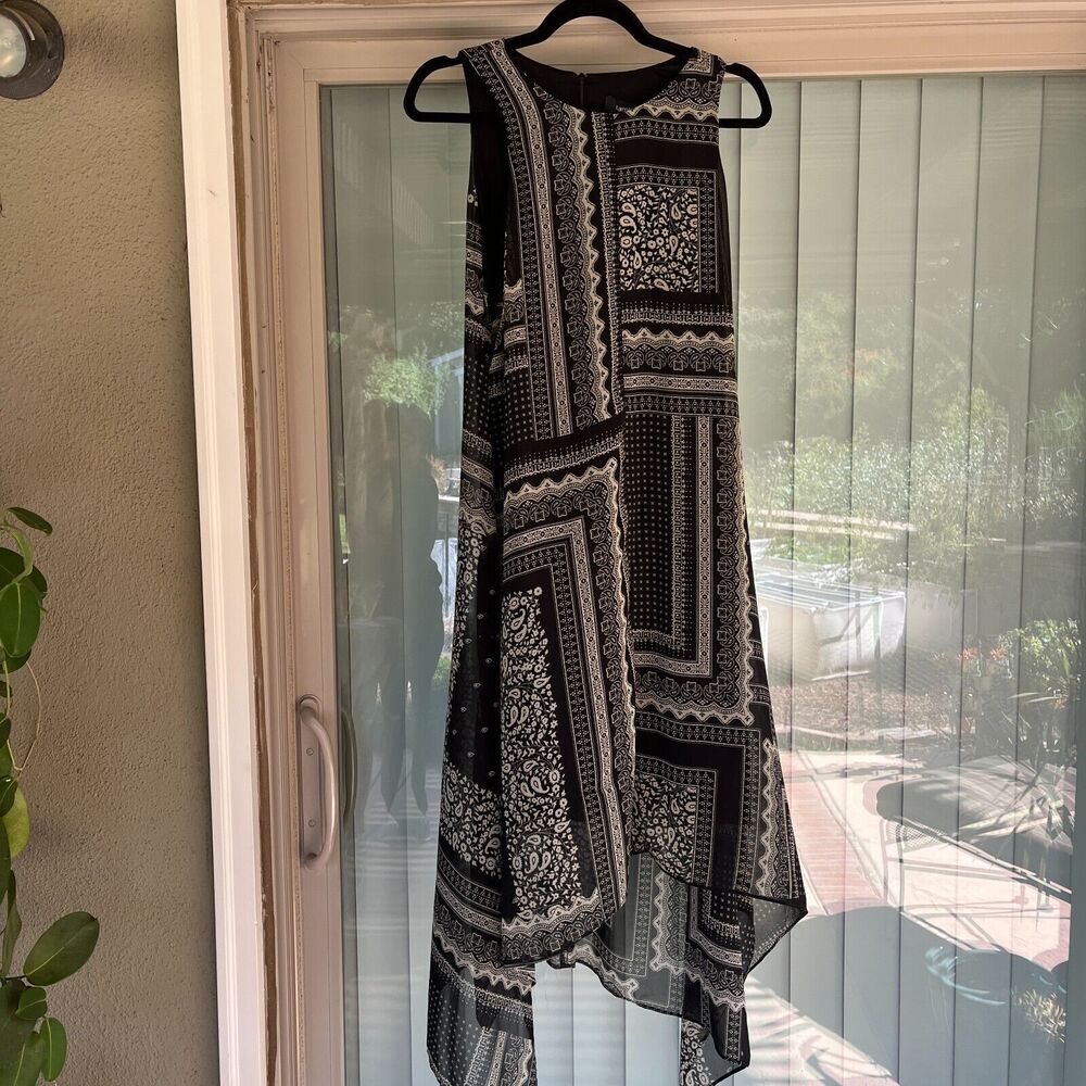 KAREN KANE Handkerchief Maxi Dress L Black Paisley Floral Sheer Asemetrical